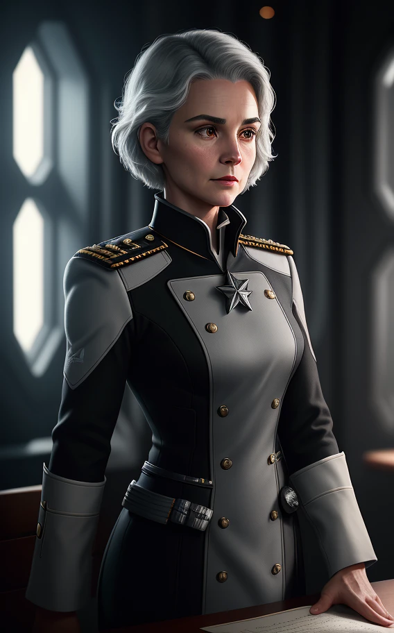 Ink trail of a 40-year-old starfleet captain black with soft face, very short gray hair and shaved, intricately detailed, Captain Star Treck uniform, cinematic scene, dramatic light, 8k, determined look, late autumn afternoon costume, ship venture