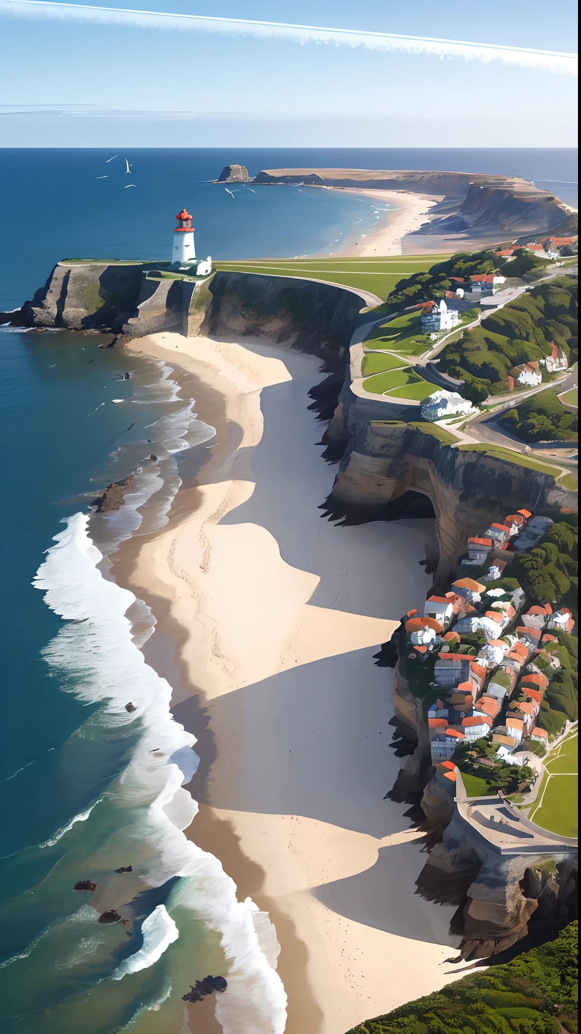(masterpiece, best quality:1.1), bird's eye view, asymmetrical, blue ocean, low tide, sea waves, coastal road, sandy beach, piers, sailboats, yachts, ship wake, contrail, cars, tourists, lighthouse, seagulls, horizon, breeze, summer, morning, sunny, cloud, calm, fresh air, depth of field