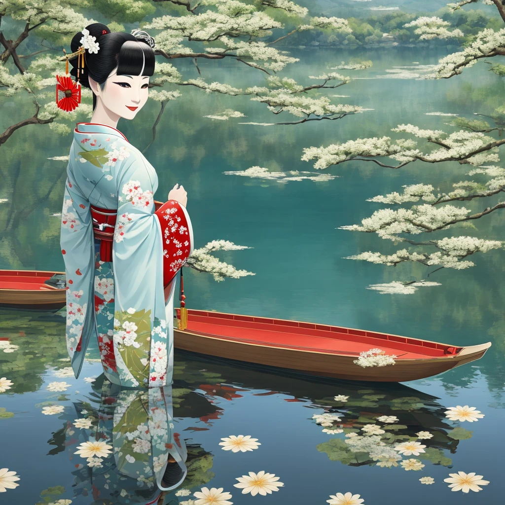Create a geisha inspired by Japanese beauty, discreet smile, with delicate lines, flat colors and emphasis on pattern and composition. High resolution, ultra detailed, serene lakeside view with calm waters, lush vegetation and a sense of tranquility and reflection.