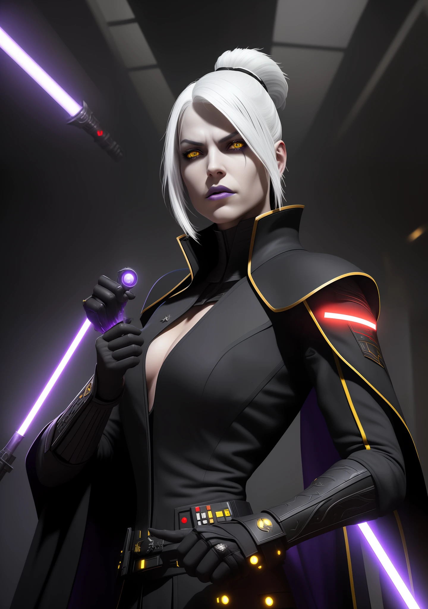 masterpiece, high quality, sharp focus, upper body portrait of a young female sith inquisitor, white hair, black imperial outfit, admiral uniform with black capes, glowing yellow sith eyes, star wars, perfect jawline, textured skin, beautiful lips, purple lighting, sci-fi scene, evil atmosphere, evil vibe, 8k, uhd, absurdres