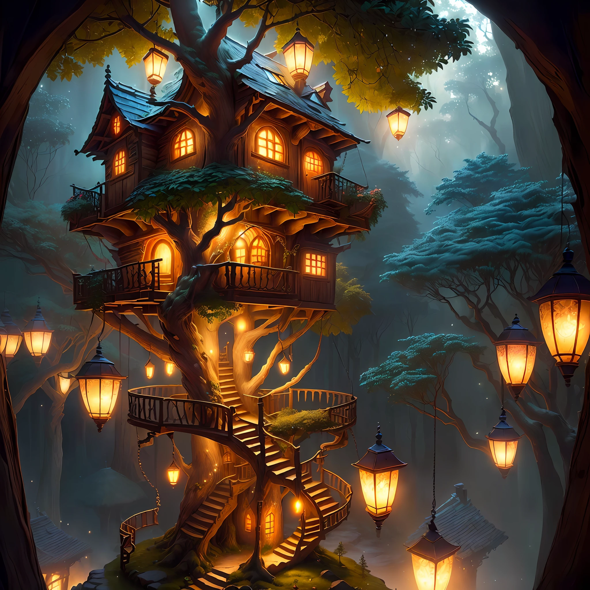 (Sultra detailed fairy tale tree house village, magical light particles, enchanting warm lights from windows, volumetric lights, soft tetrad colors, soft warm lights, high definition, 32k resolution,