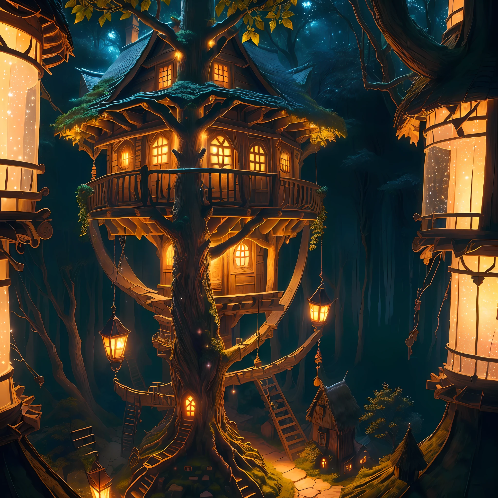 (Sultra detailed fairy tale tree house village, magical light particles, enchanting warm lights from windows, volumetric lights, soft tetrad colors, soft warm lights, high definition, 32k resolution,
