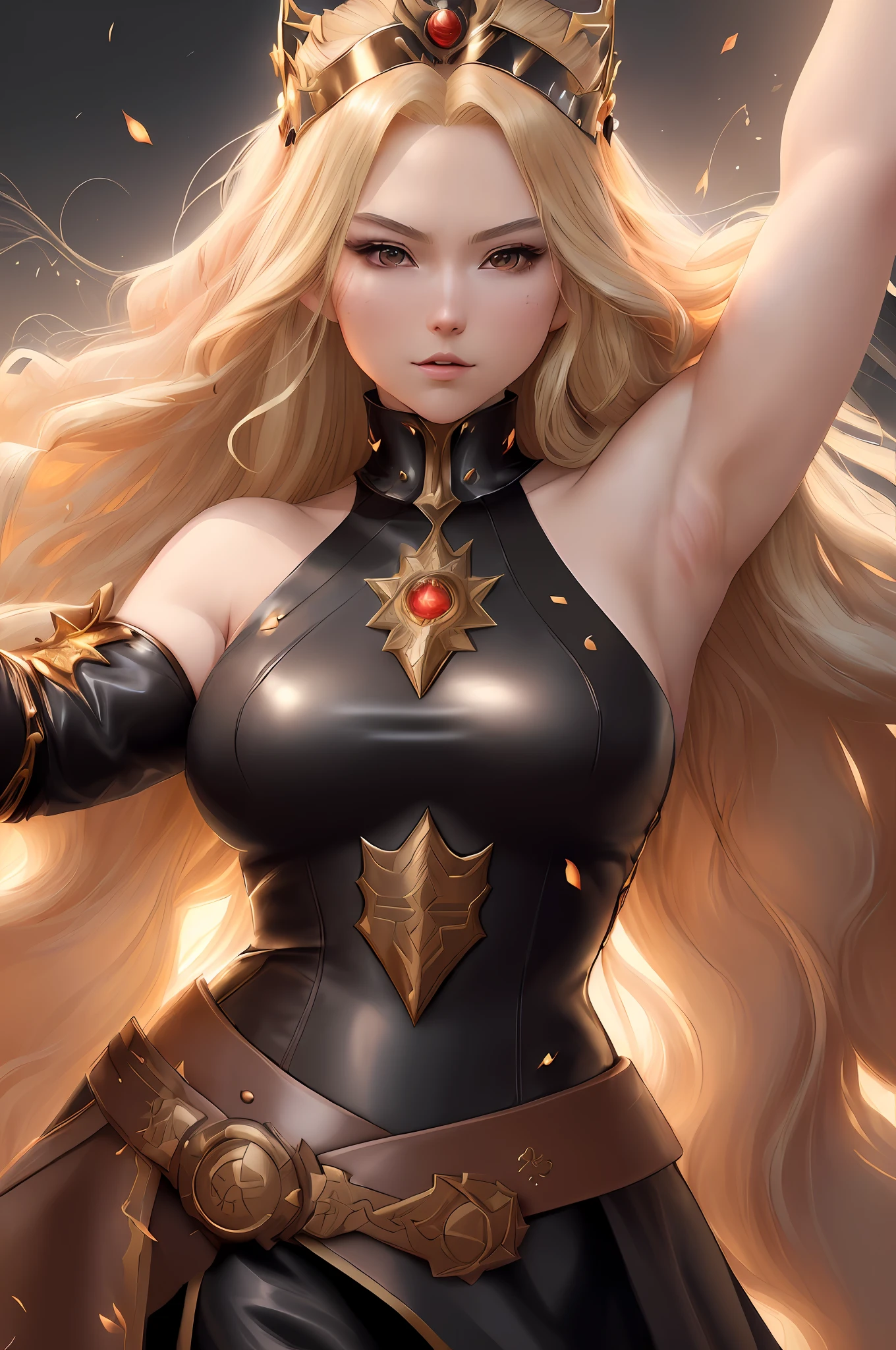 ((extremely detailed artgerm+a woman with long blonde hair:1.3+anime:1.2+sorcerer:1.2+RPG),best quality,hair blowing,dynamic, high res, 4k, fire magic, black leather clothing, armpit the show, penetrating look), empress wearing a crown