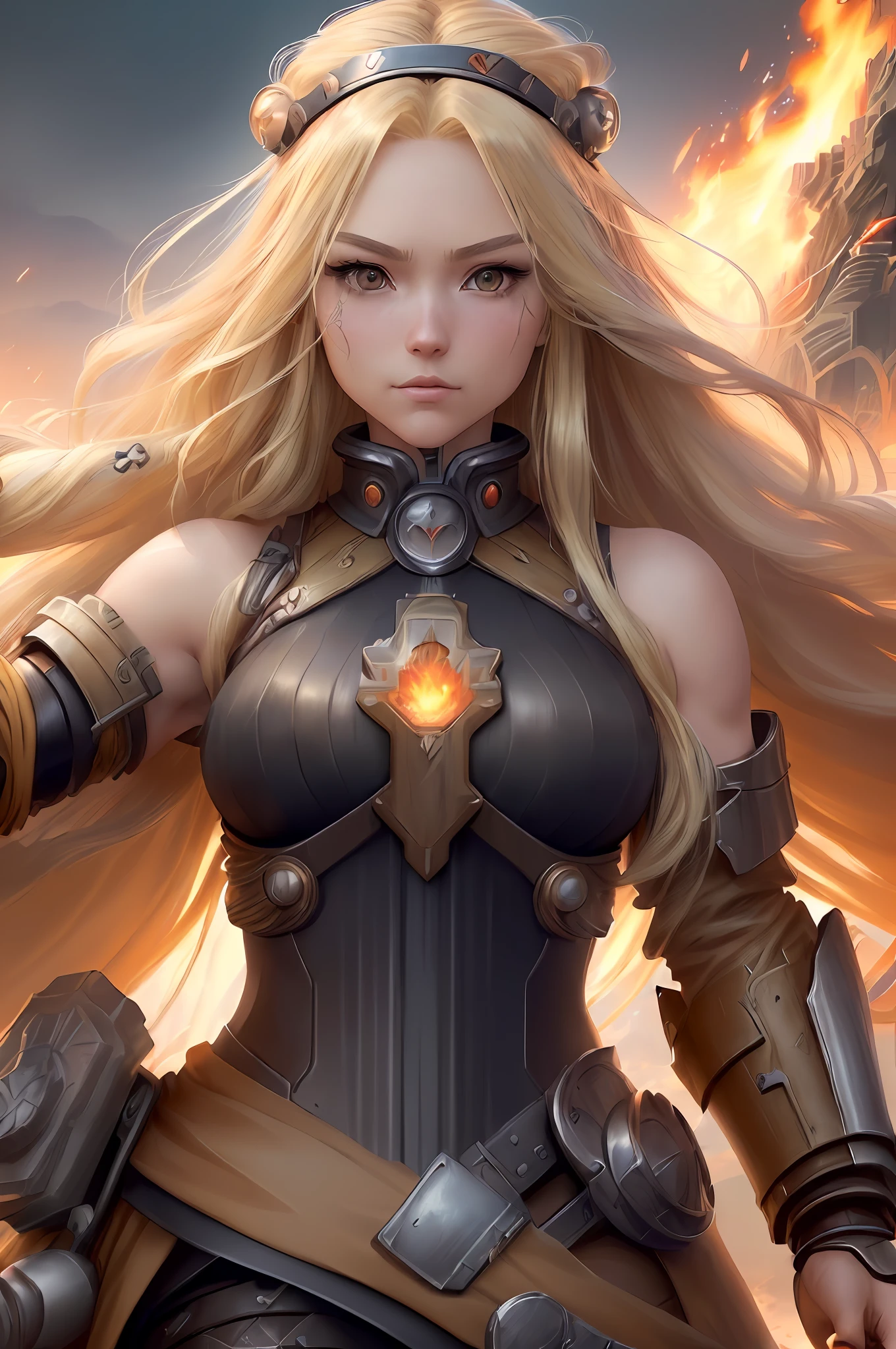 ((extremely detailed artgerm+a woman with long blonde hair:1.3+anime:1.2+ wastland Warrior, dystopian future),best quality,hair blowing,dynamic, high res, 4k, fire magic, desert clothes, armpit the show, penetrating look), empress