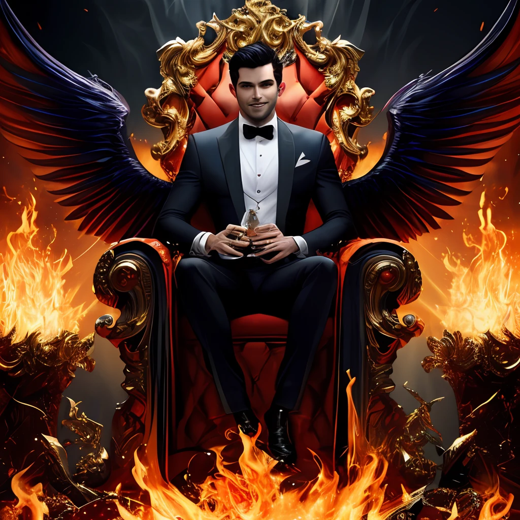 (8k, best quality, masterpiece:), Lucifer Morningstar, one masculine British male angel with dark hair, mischievous smile, flaming wings, devil, fallen angel, flames in background, details, dark suit, club theme, 1:1 ratio, sitting on a throne drinking whiskey, details, realistic