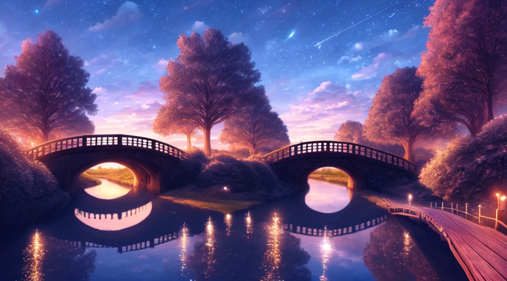 Stars in clouds, long path without people, next to a wooden bridge, river flowing under the bridge , trees with shadows, beautiful anime scenes, beautiful anime scenery, sky at night, anime art, 8K wallpaper