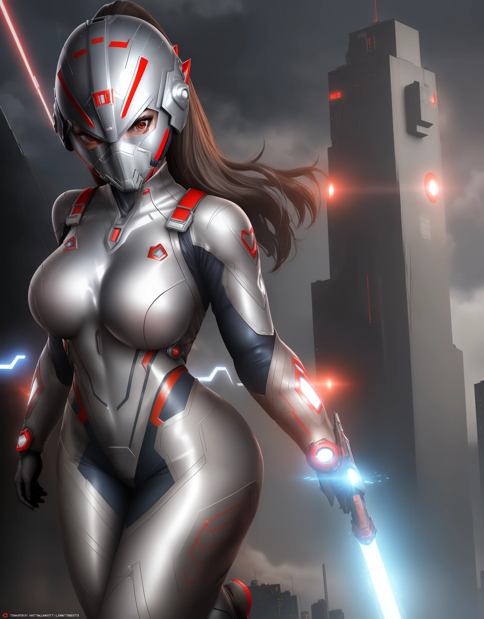 ((1girl/Ultraman Next/Giant/helmet with mask)), Unreal Engine 5/Mortal Kombat, anime style, Max resolution/quality/sharpness/detail spectator,giant1breasts,looking/facing/exhibitionist/holding futuristic gun/expression of hate, in a futuristic city raining/thundering.