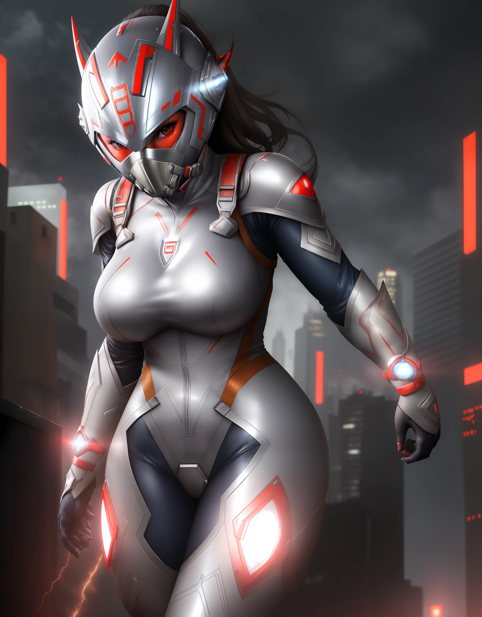 ((1girl/Ultraman Next/Giant/helmet with mask)), Unreal Engine 5/Mortal Kombat, anime style, Max resolution/quality/sharpness/detail spectator,giant1breasts,looking/facing/exhibitionist/holding futuristic gun/expression of hate, in a futuristic city raining/thundering.