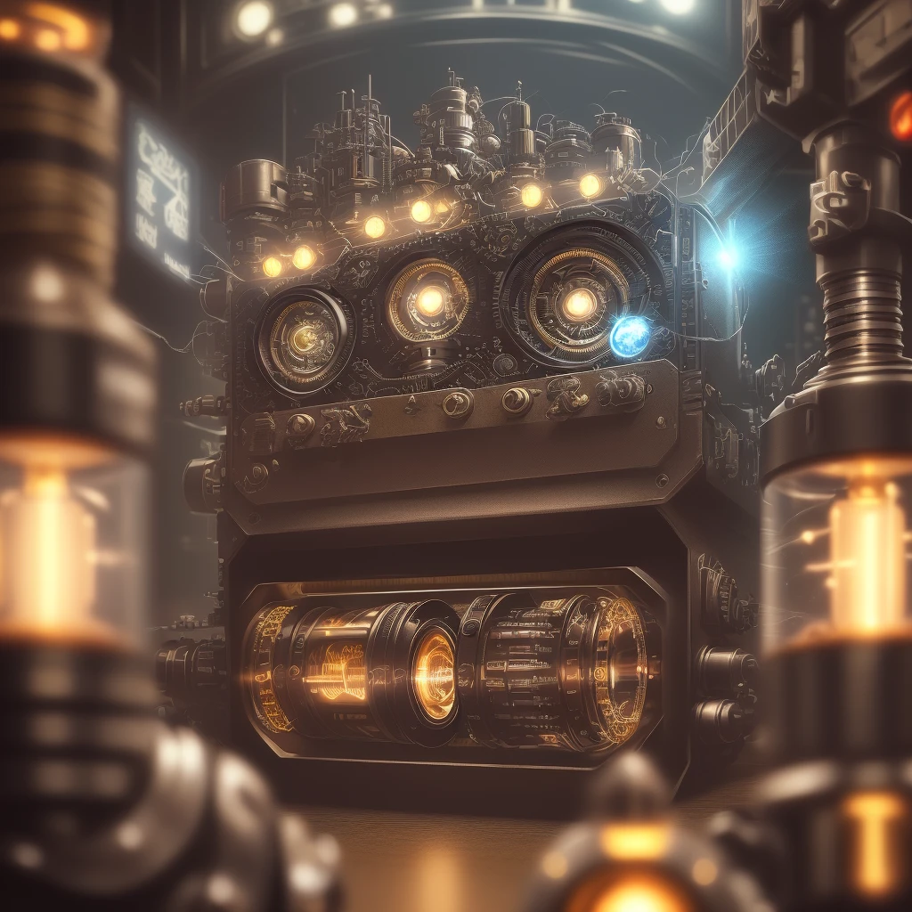 a cute fluffy metal kitten, cyborg, cyberpunk style, clockwork, ((intricate detail)), hdr, big eyes, ((intricate detail, hyper-detailed)), vacuum tube or electron tube, cinematic shot, vignette, middle ground bokeh effect