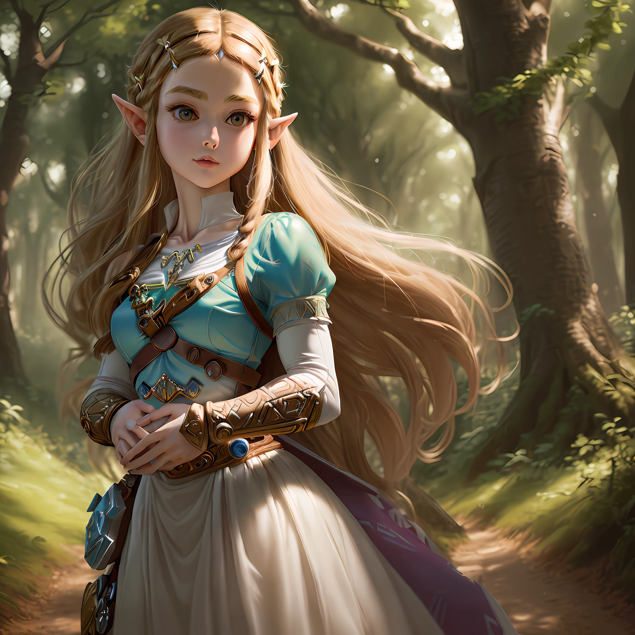 there is a woman in a dress that is standing in the woods, portrait of princess zelda, portrait of zelda, elf princess, princess zelda, beautiful elven princess, beautiful and elegant female elf, beautiful and elegant elf queen, beautiful character painting, zelda, 2. 5 d cgi anime fantasy artwork, elven princess, realistic fantasy illustration, beautiful digital artwork