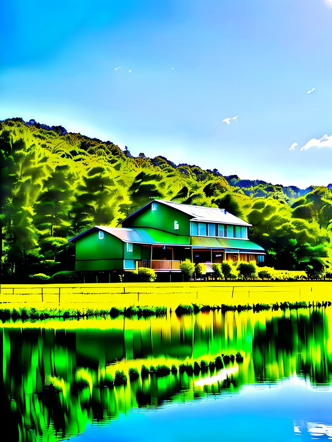 Masterpiece photo views, farm tall house, with vegitable plants, the green trees, a big lake, realistic photography, hdr, the sunshine, Canon Fx 50HS camera, hdr