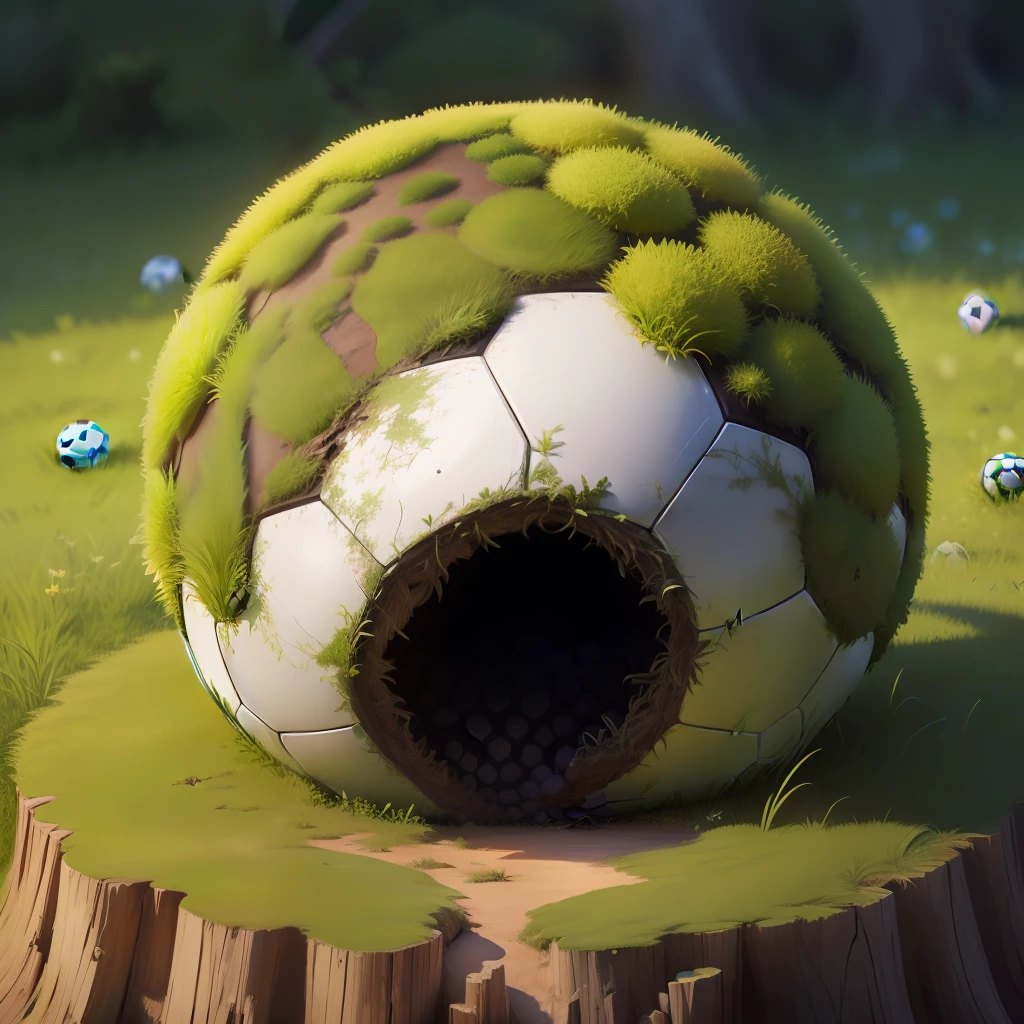 An anthill made of a soccer ball, moss and green grass around. Detail