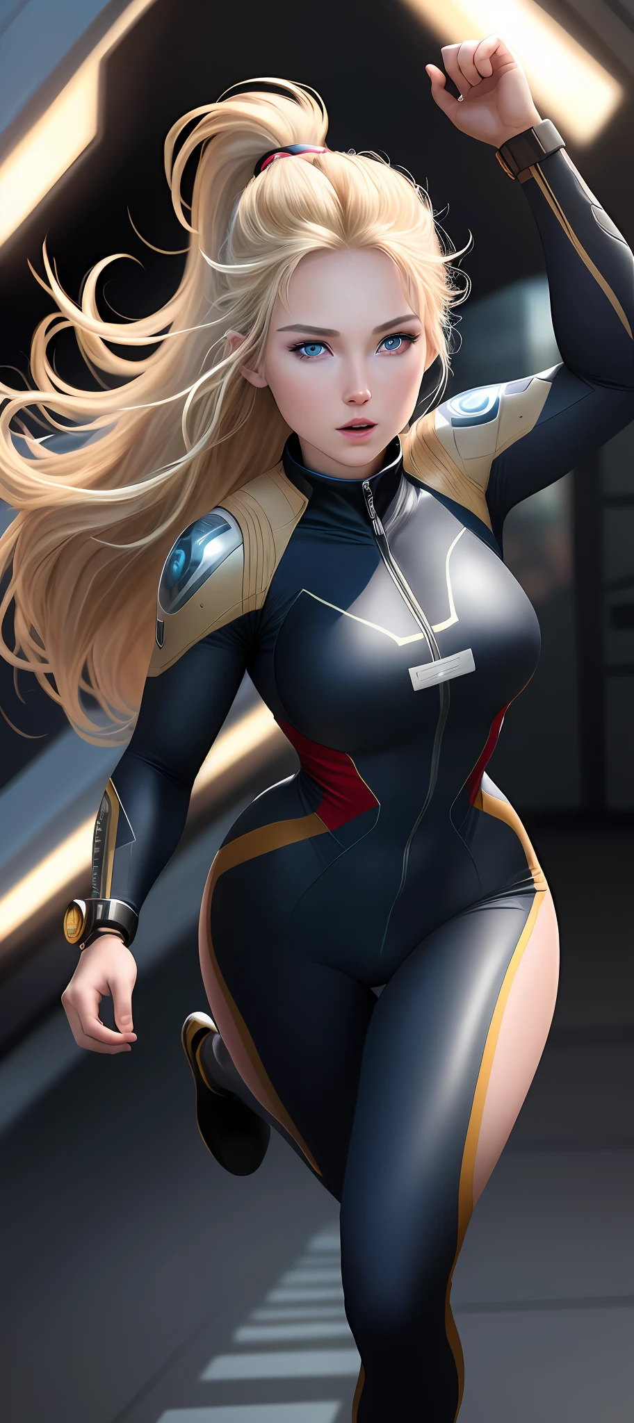 "Complete art masterpiece, high quality, ultra detailed in 4k, 8k, high resolution, hyper-realistic photo, hyper-detailed, realistic skin texture, amazing shadows, extremely detailed texture, perfect lighting, high-level image quality." A female captain of a spaceship, (Fair skin, blond hair, outlined eyes, outlined face, bracelet, Full body), wearing a one-piece superhero costume, running on the Edge of a building