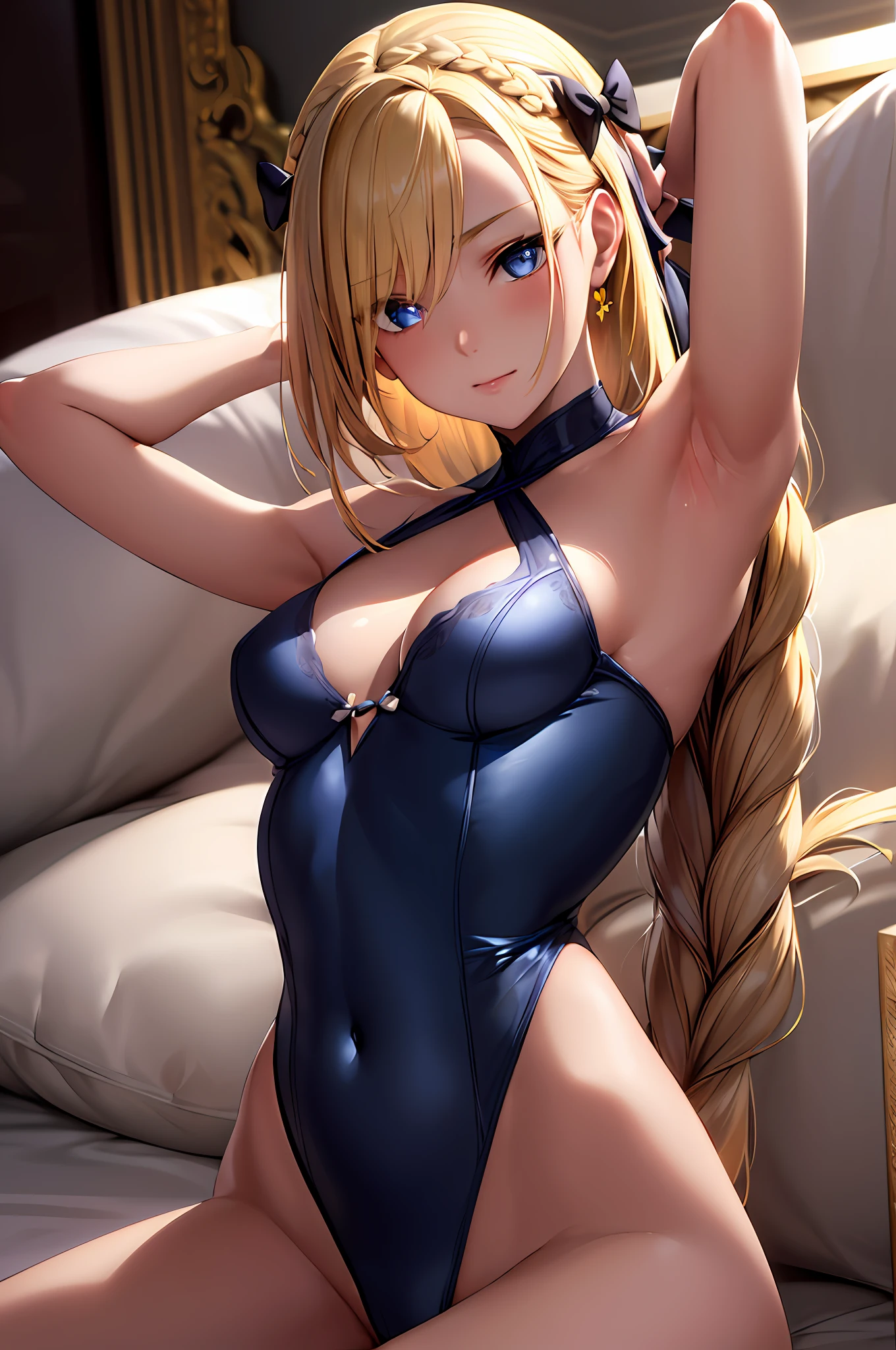 (masterpiece, side lighting, beautiful finely detailed eyes: 1.2), masterpiece*portrait, anime, 3d face, bright eyes, shiny hair, lustrous skin, solo, embarrassed, navel, blonde hair, blue eyes, braided hair, hairbow, hair bow, ,armpit, in bed