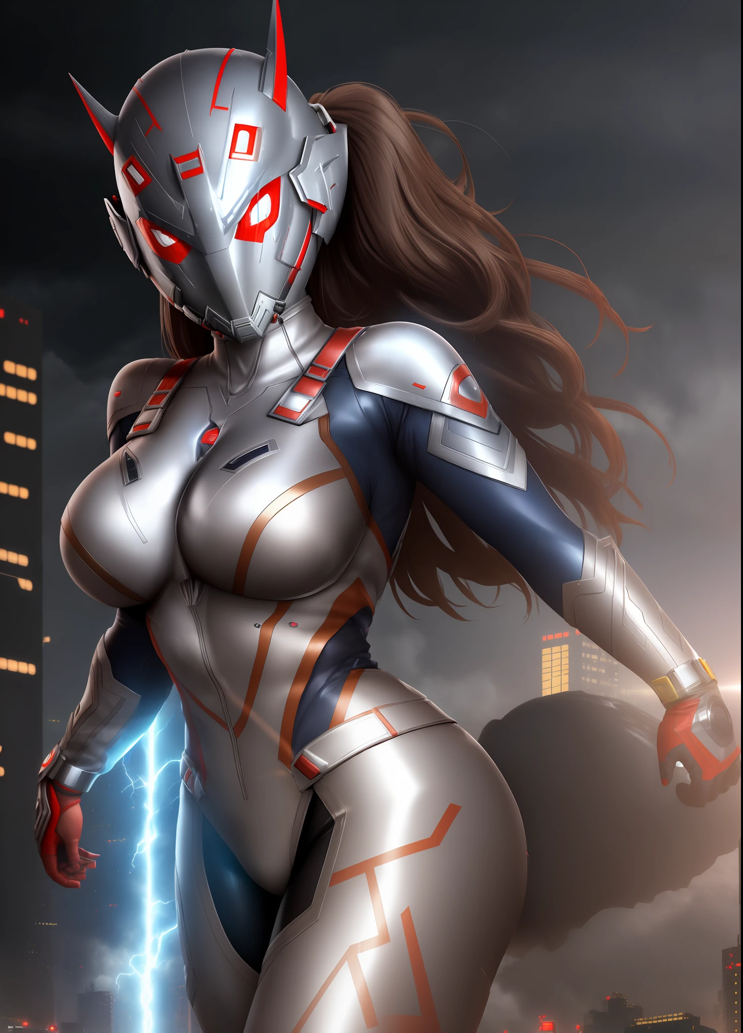 ((1girl/Ultraman Next/Giant/helmet with mask)), Unreal Engine 5/Mortal Kombat, anime style, Max resolution/quality/sharpness/detail spectator,giant1breasts,looking/facing/exhibitionist/holding futuristic gun/expression of hate, in a futuristic city raining/thundering.