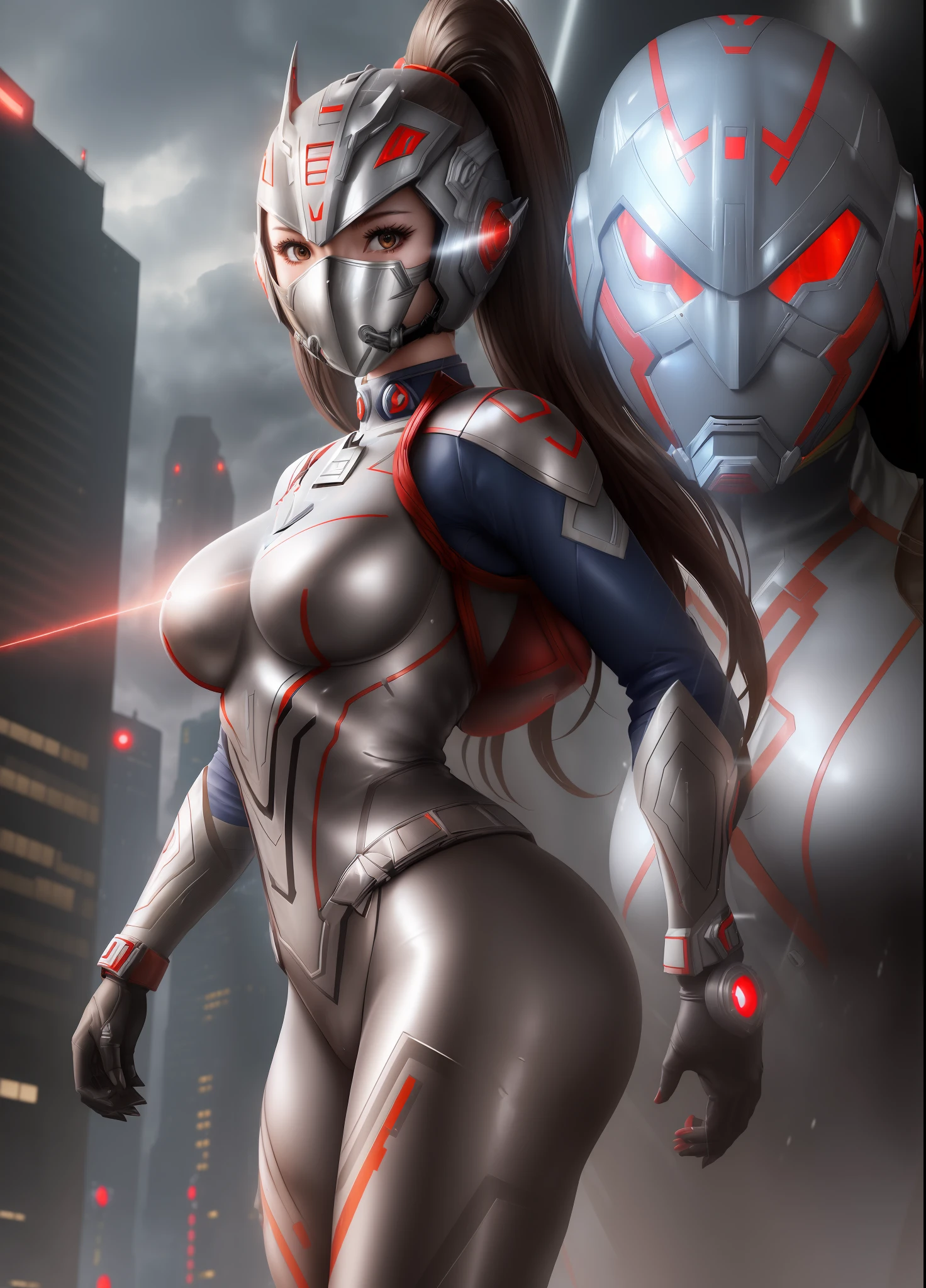 ((1girl/Ultraman Next/Giant/helmet with mask)), Unreal Engine 5/Mortal Kombat, anime style, Max resolution/quality/sharpness/detail spectator,giant1breasts,looking/facing/exhibitionist/holding futuristic gun/expression of hate, in a futuristic city raining/thundering.