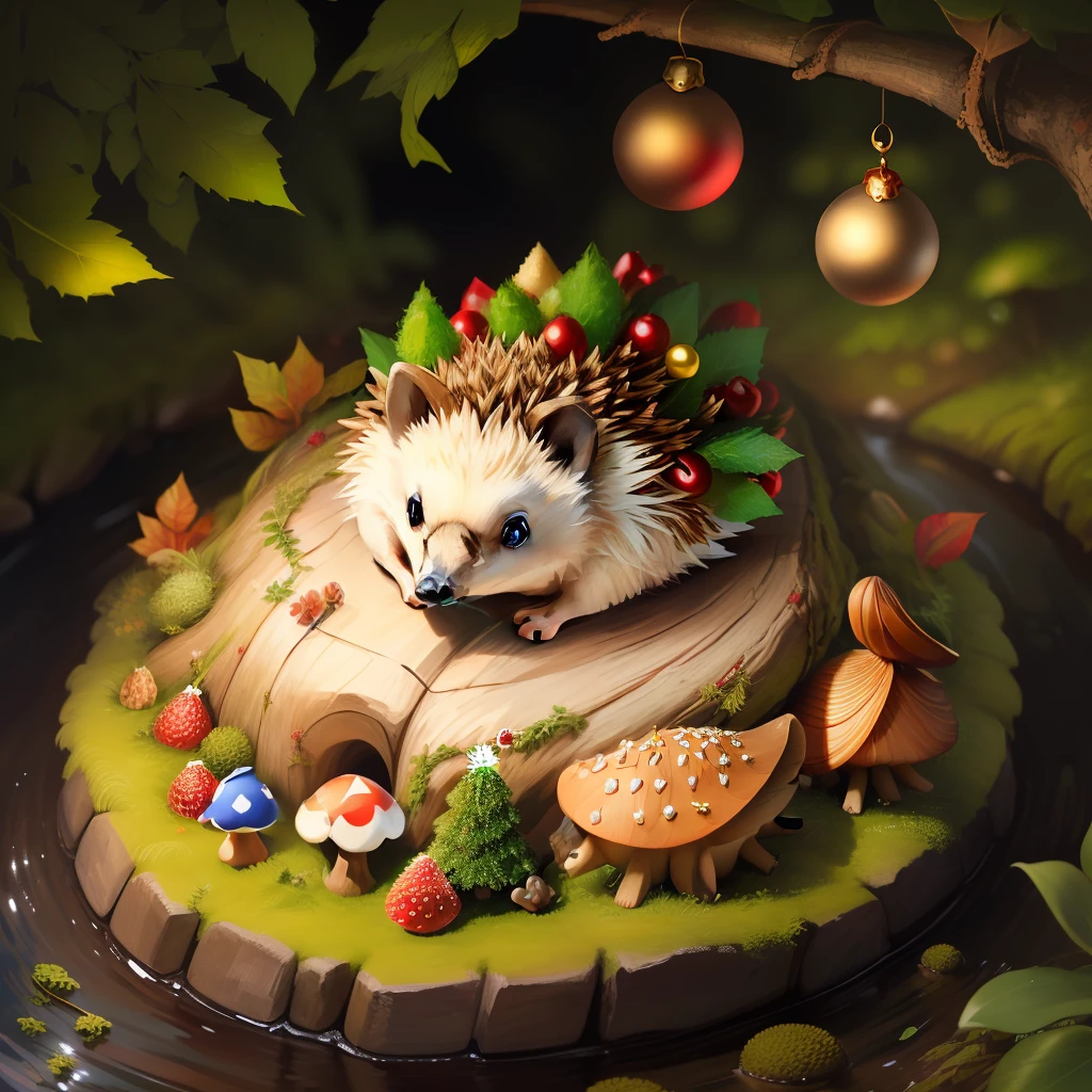 The figure of a hedgehog lies on the bank of the river around mushrooms and berries, lies under a Christmas tree on moss. All in the form of a muroveynik