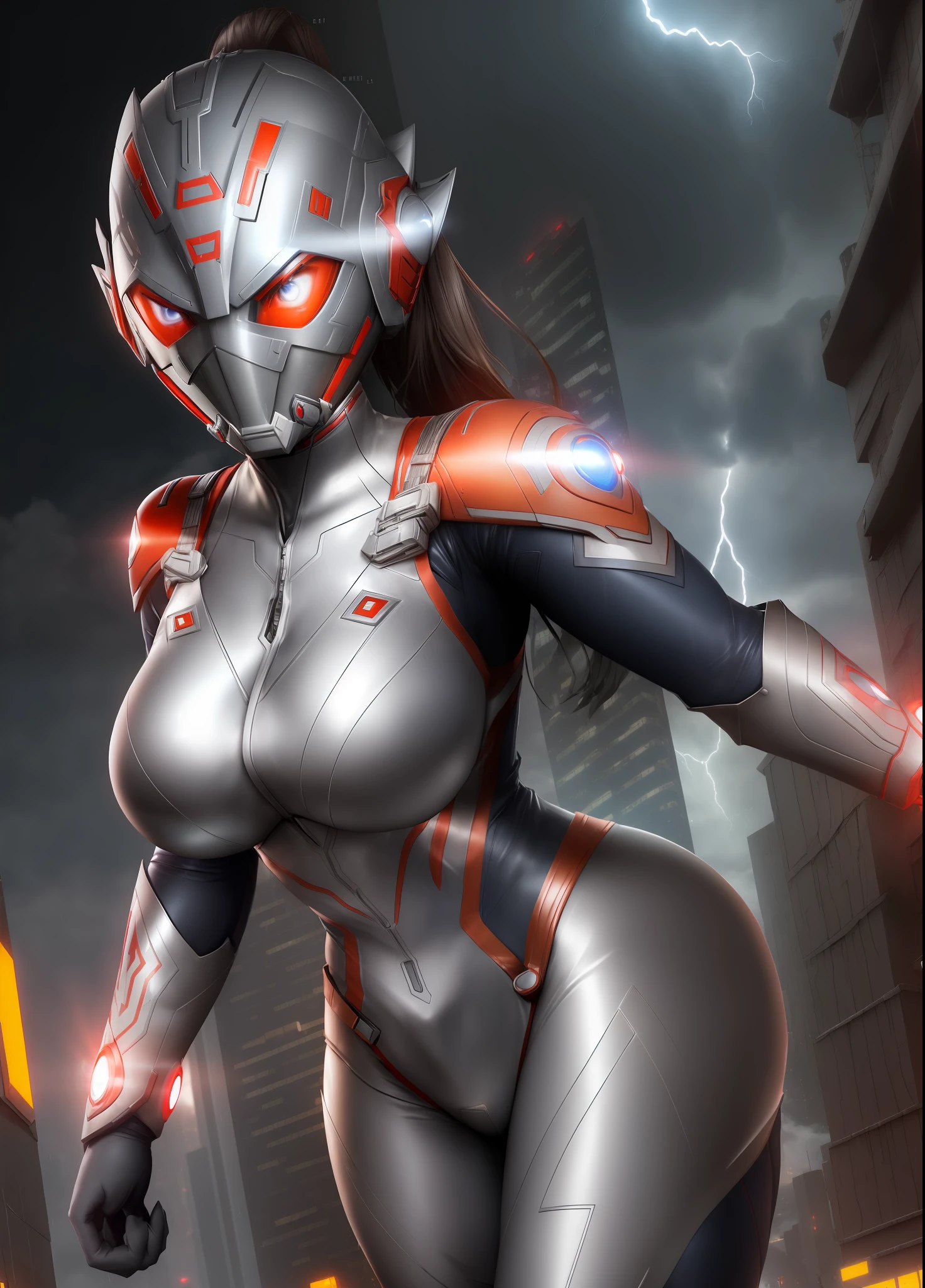 ((1girl/Ultraman Next/Giant/helmet with mask)), Unreal Engine 5/Mortal Kombat, anime style, Max resolution/quality/sharpness/detail spectator,giant1breasts,looking/facing/exhibitionist/holding futuristic gun/expression of hate, in a futuristic city raining/thundering.