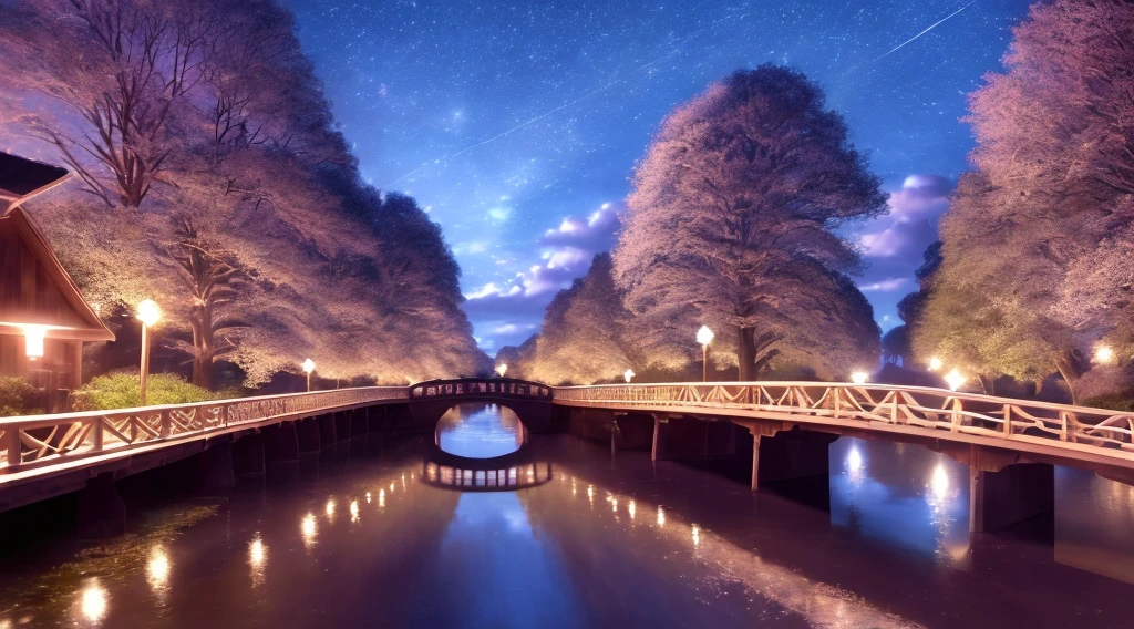Stars in clouds, long path without people, next to a wooden bridge, river flowing under the bridge , trees with shadows, beautiful anime scenes, beautiful anime scenery, sky at night, anime art, 8K wallpaper