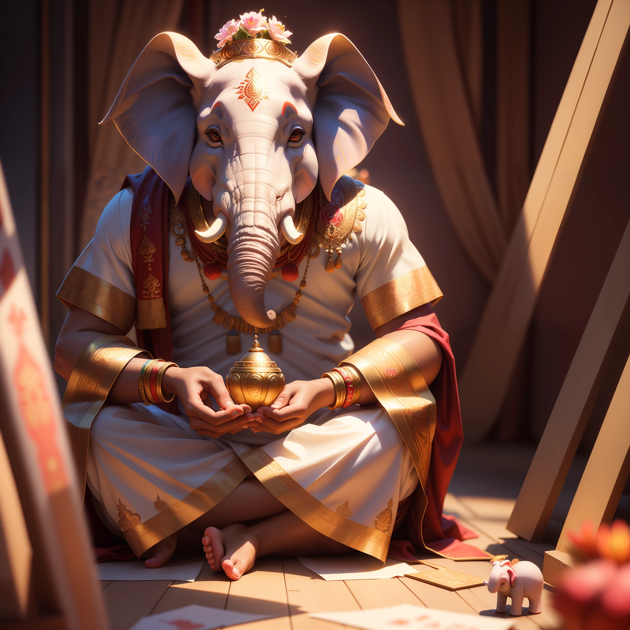 Highly detailed RAW color photo, Hindu god ganesha, ganesha god, elephant head, ganesha, sitting in meditation, white clothing, (Hindu party setting) (detailed face), detailed eyes, chromatic aberration, depth of field, soft lighting, masterpiece, best quality, intricate, (lens reflection: 0.7), (flowering: 0.7), particle effects, ray tracing, tone mapping, highly detailed, concept art,  smooth, sharp focus, dramatic lighting, highly detailed art, cinematic, hyper-realistic painting, trending on Artstation, 8K, amazing shadows, realistic, (highly detailed background: 1.2), mid-journey art