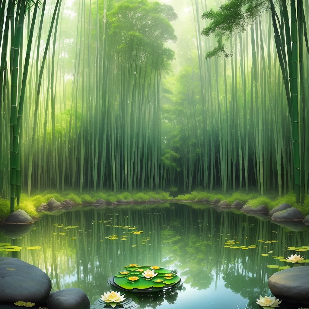 (tranquility, pond, bamboo forest), (flowing water, sweet melody, picturesque, stone), (enchanting, school of fish, elegance, jewel in water), (big tree, vine, breeze), (peace, serenity, alone), (detail description: mirror reflection, lotus, tree, tree shadow)