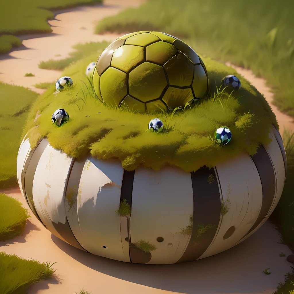 An anthill made of a soccer ball, moss and green grass around. Detail