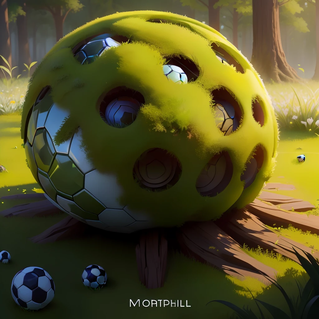 An anthill made of a soccer ball, moss and green grass around. Detail