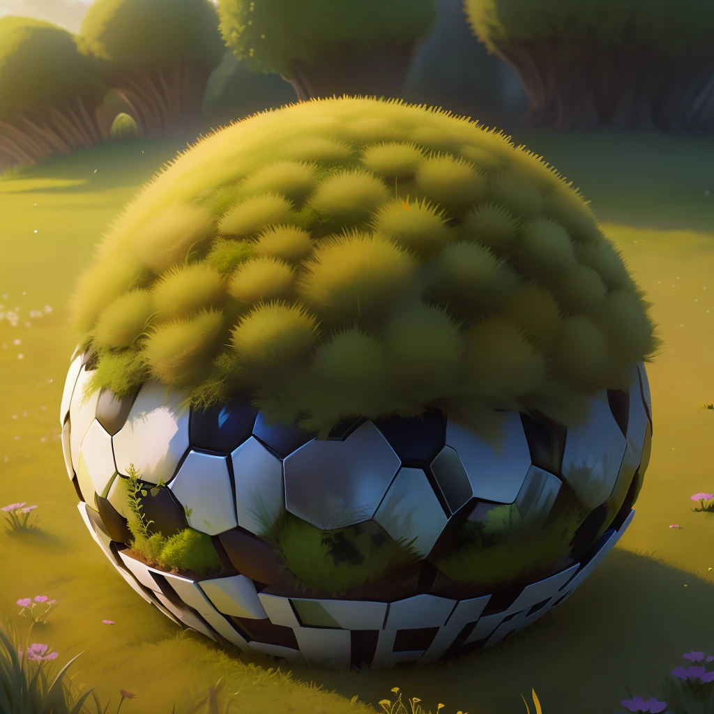 An anthill made of a soccer ball, moss and green grass around. Detail