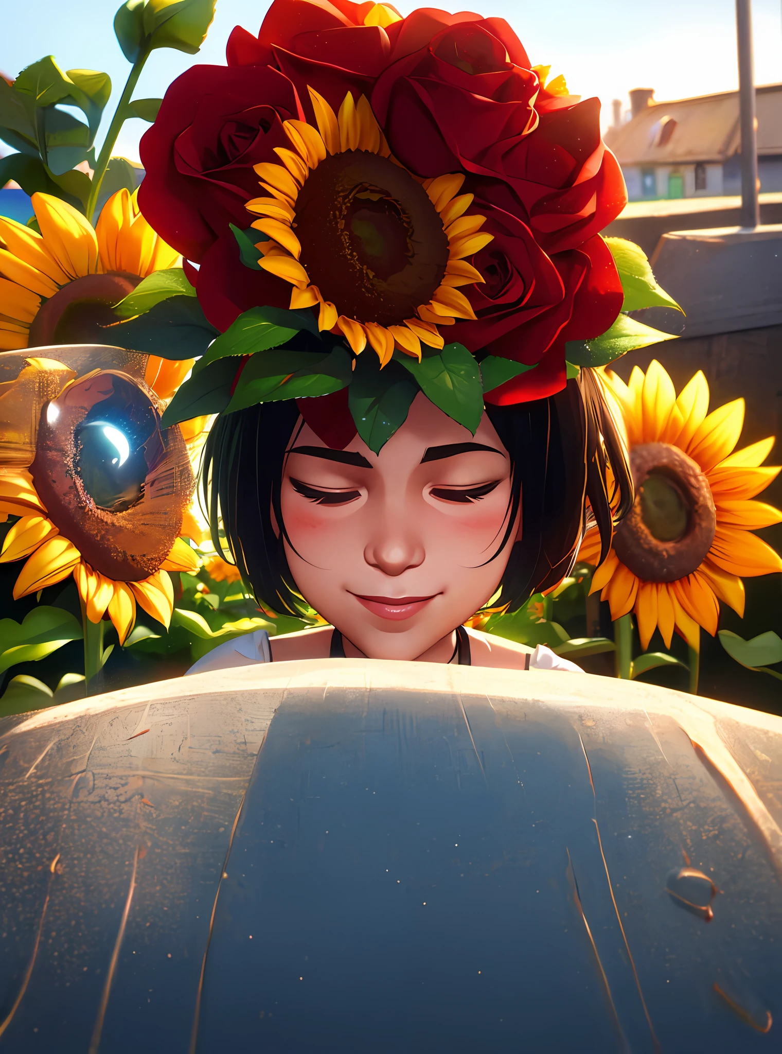Cute little girl, sunflower bouquet, roses, bright colors, smiling, 8k quality, cinematic focus, closed eyes