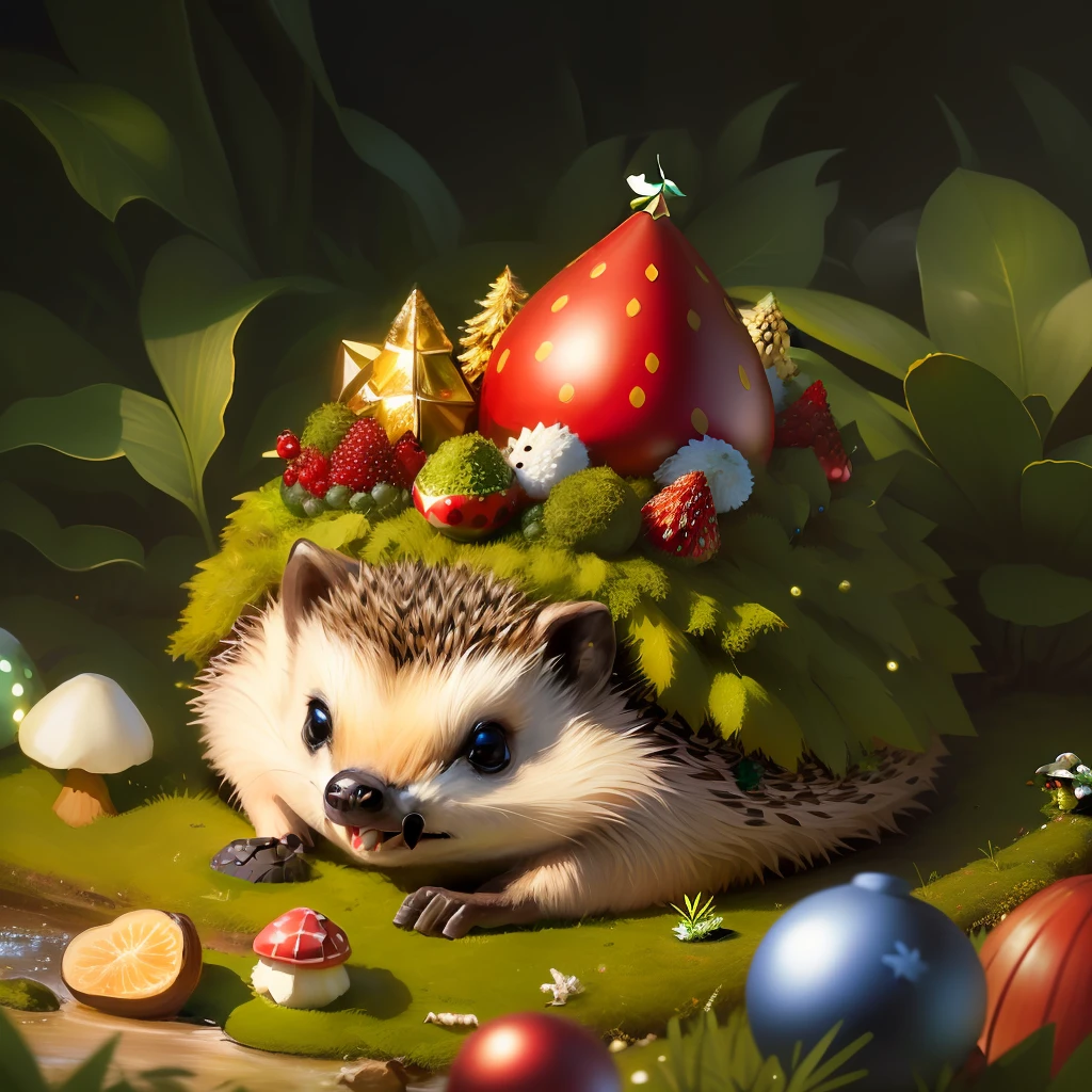 The figure of a hedgehog lies on the bank of the river around mushrooms and berries, lies under a Christmas tree on moss. All in the form of a muroveynik