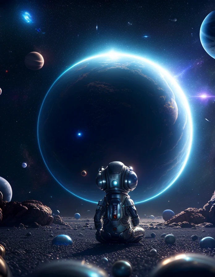 Galactic adventure in the middle of outer space, alien sitting on the floor looks at the space at the galaxies. orbs and stars in space night sharp focus rich in detail by steven spielberg james cameron george lucas sharp focus 8K resolution bokeh HDR Cinema 4D deviantart Unreal Engine 5 volumetric lighting futuristic galactic space"