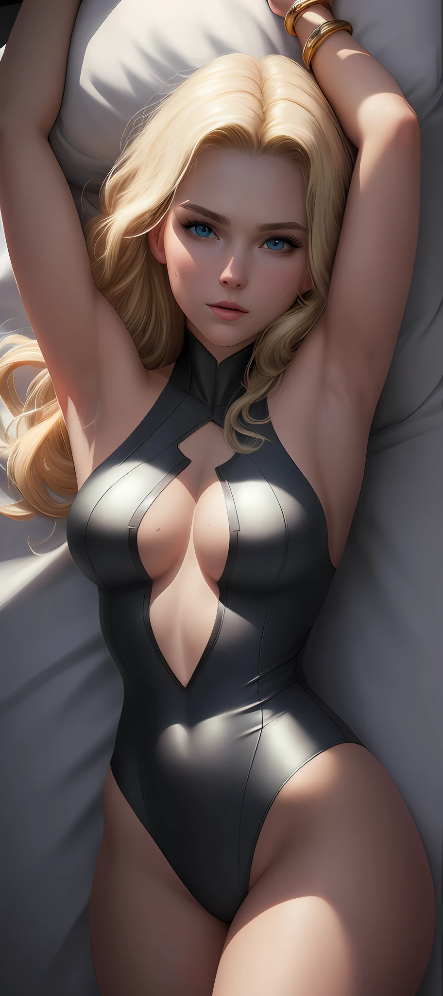 "Complete art masterpiece, high quality, ultra detailed in 4k, 8k, high resolution, hyper-realistic photo, hyper-detailed, realistic skin texture, amazing shadows, extremely detailed texture, perfect lighting, high-level image quality." A female heroine, (Fair skin, blond hair, outlined eyes, outlined face, bracelet, Full body), wearing a one-piece superhero costume, tied in bed, sweaty, arms UP, armpit