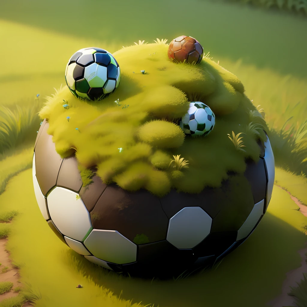 An anthill made of a soccer ball, moss and green grass around. Detail