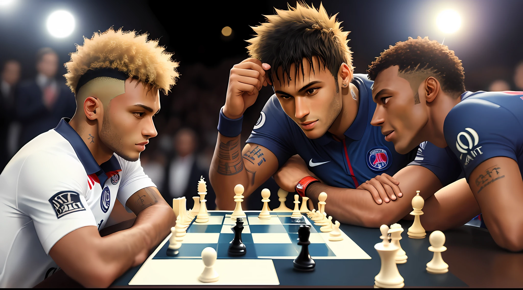 (detailed description) (best quality) Neymar, a PSG player, playing chess with Pele in Paris, France.