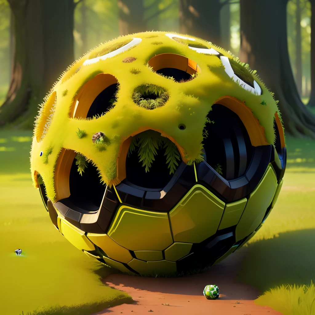 An anthill made of a soccer ball, moss and green grass around. Detail