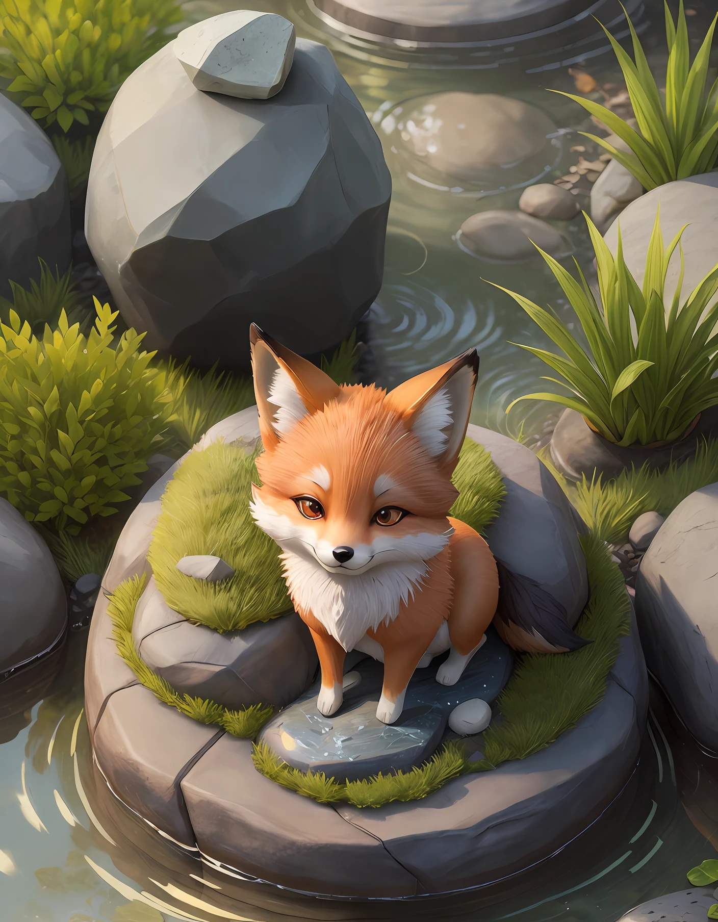 A gray stone similar to a fox figurine, around it is water, grass, bamboo. Realistic style, cute style. Detail the picture