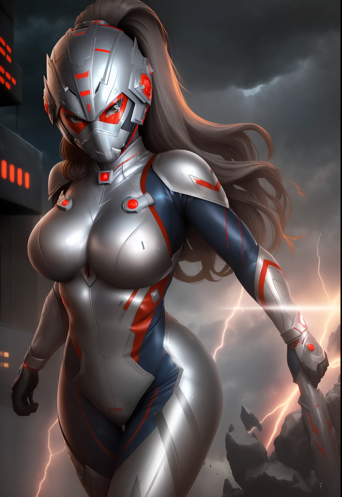 ((1girl/Ultraman/Giant/Helmet with mask covering hair)), Unreal Engine 5/Mortal Kombat, anime style, full resolution/quality/sharpness/detail viewer, giant1breasts, look/face/exhibitionist/holding futuristic weapon/expression of hate, in a futuristic city raining/thundering.