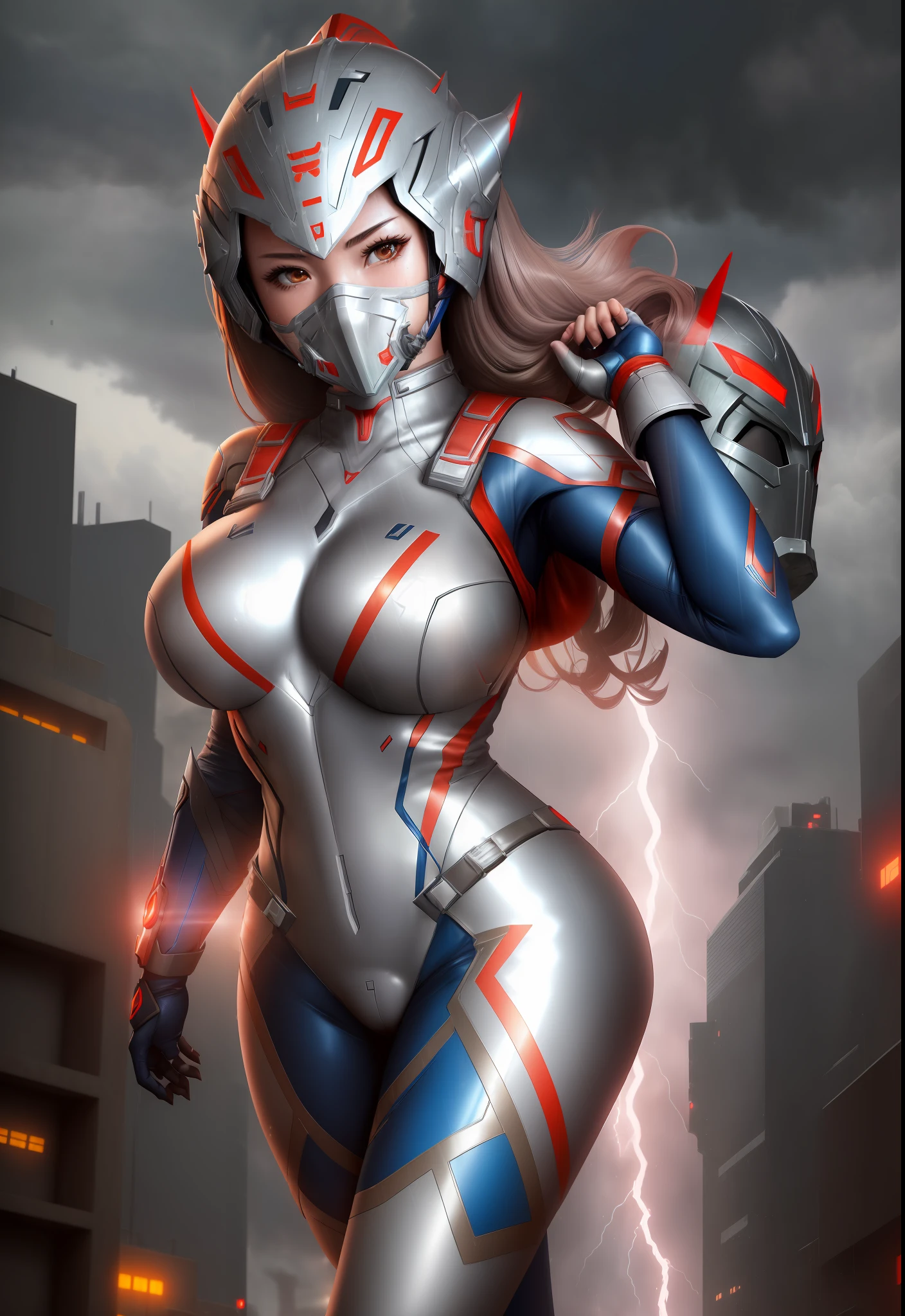 ((1girl/Ultraman/Giant/Helmet with mask covering hair)), Unreal Engine 5/Mortal Kombat, anime style, full resolution/quality/sharpness/detail viewer, giant1breasts, look/face/exhibitionist/holding futuristic weapon/expression of hate, in a futuristic city raining/thundering.