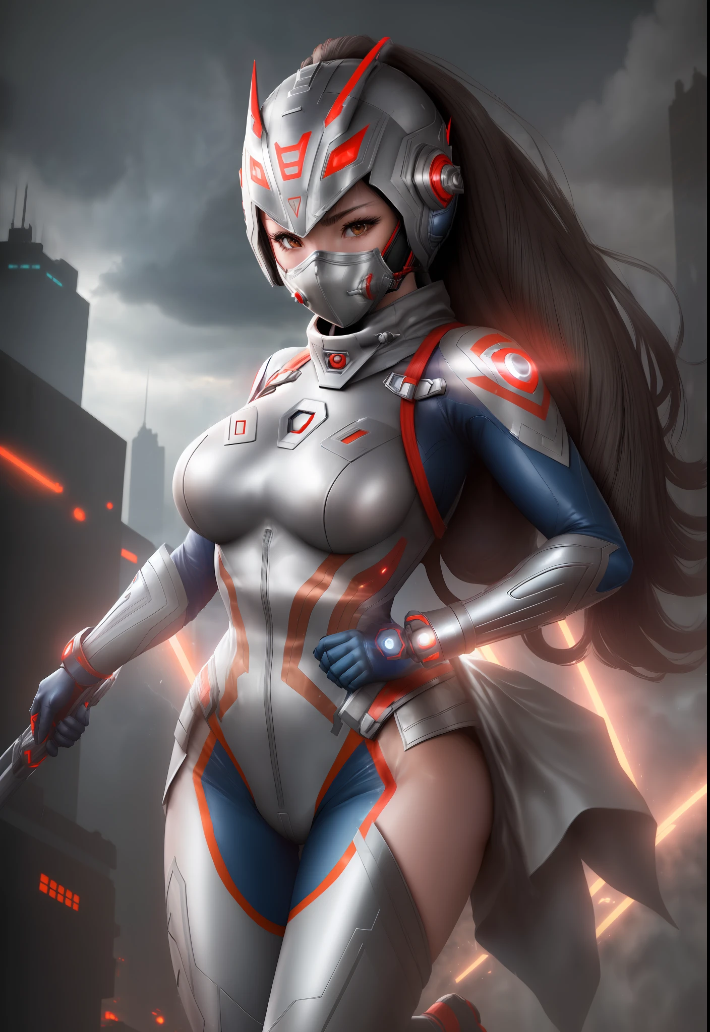 ((1girl/Ultraman/Giant/Helmet with mask covering hair)), Unreal Engine 5/Mortal Kombat, anime style, full resolution/quality/sharpness/detail viewer, giant1breasts, look/face/exhibitionist/holding futuristic weapon/expression of hate, in a futuristic city raining/thundering.