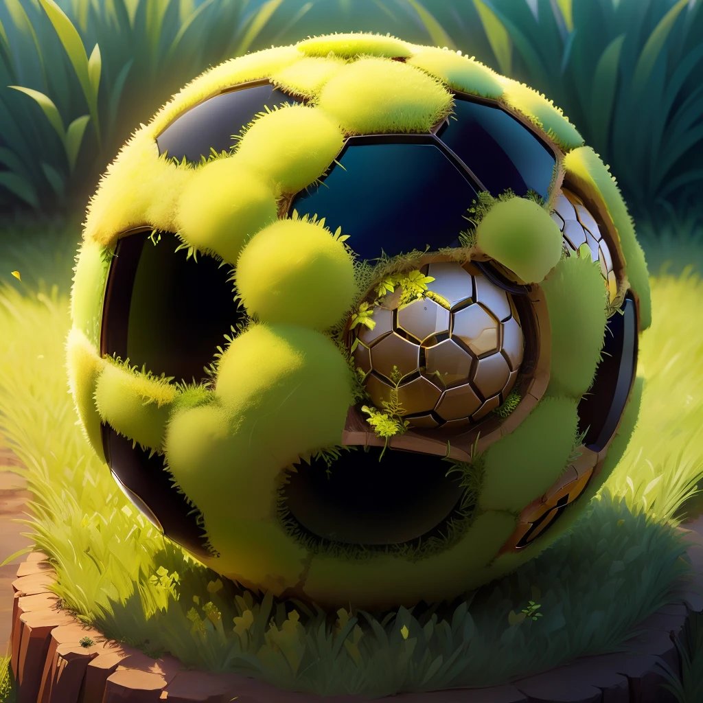 An anthill made of a soccer ball, moss and green grass around. Detail