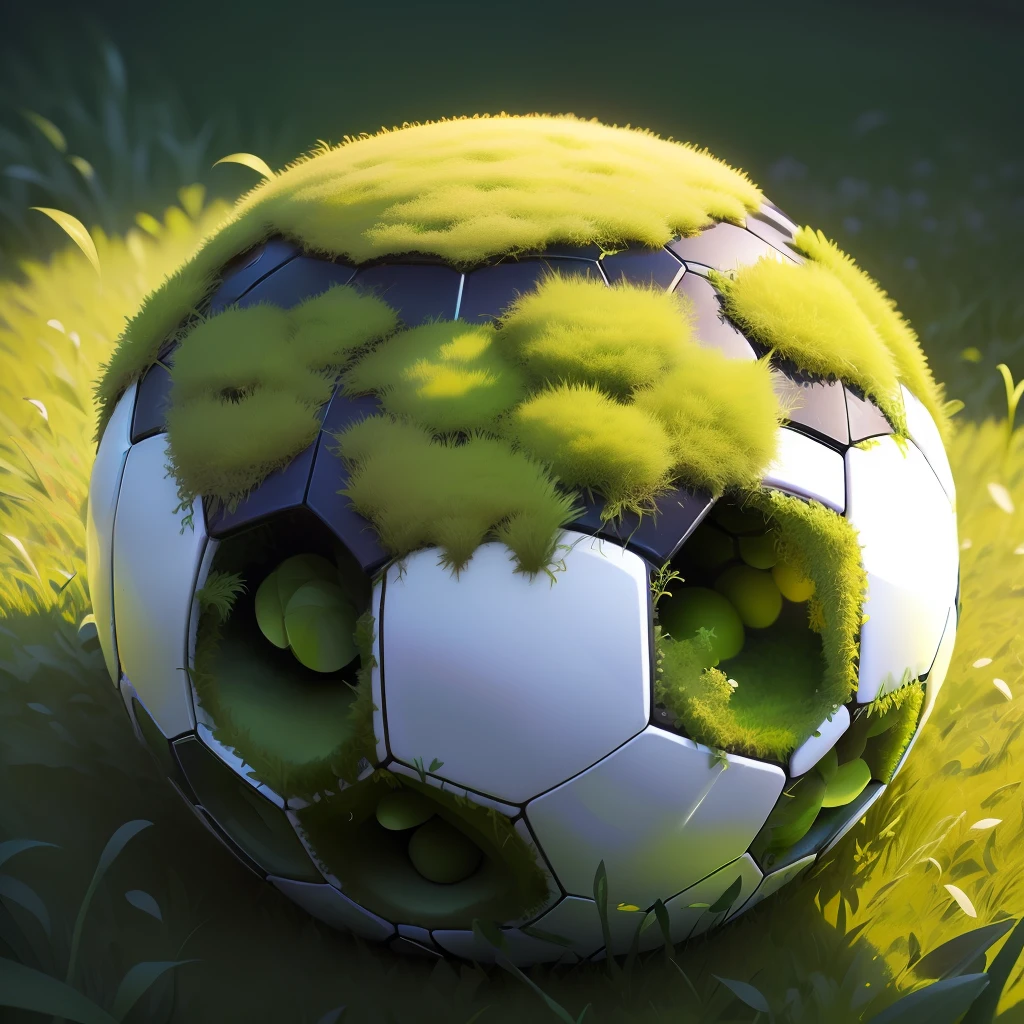 An anthill made of a soccer ball, moss and green grass around. Detail