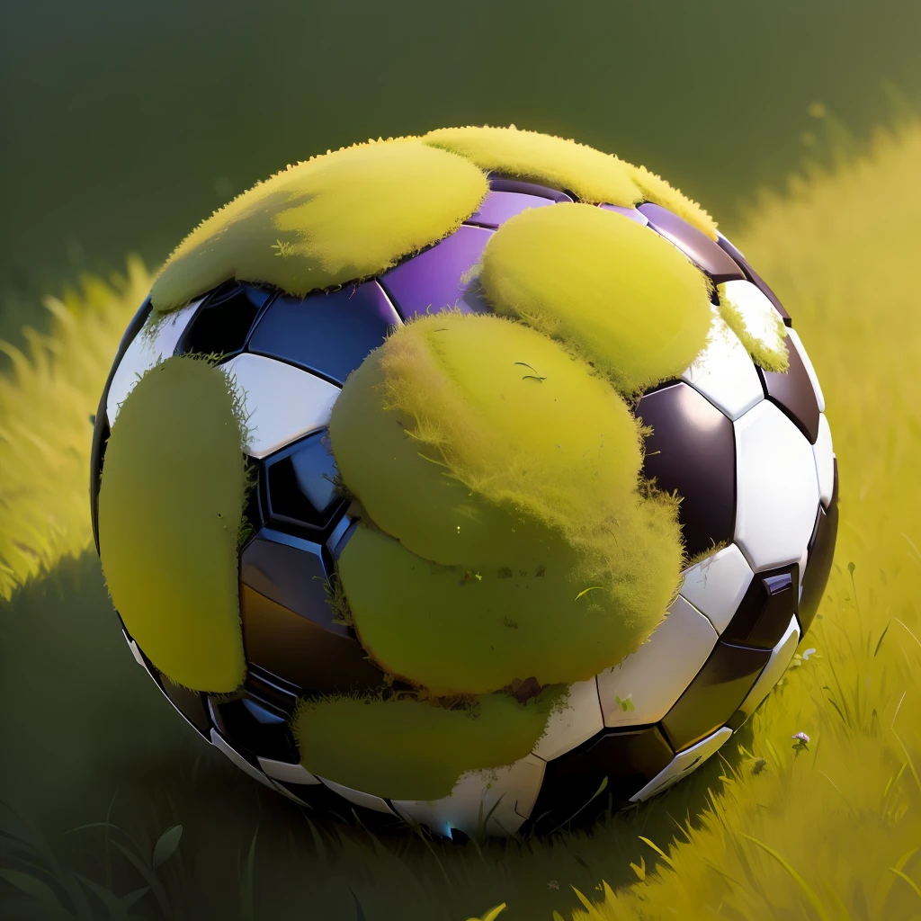 An anthill made of a soccer ball, moss and green grass around. Detail