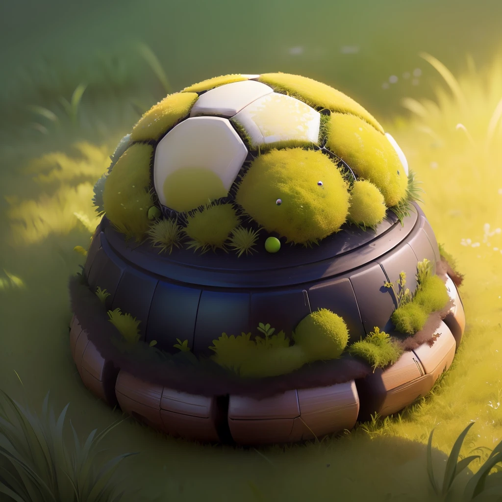 An anthill made of a soccer ball, moss and green grass around. Detail