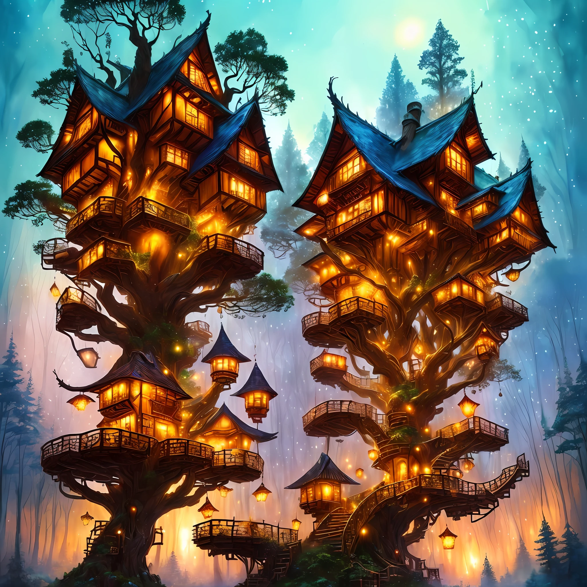 ultra detailed fairy tale tree house village at sunrise surrounded by trees and detailed casting lights, magical light particles, enchanting warm lights from windows, volumetric lights, soft tetrad colors, soft warm lights, high definition, 32k resolution, watercolor, watercolor splash, salt effect on watercolor, art by carne griffiths and Prafull Sawant