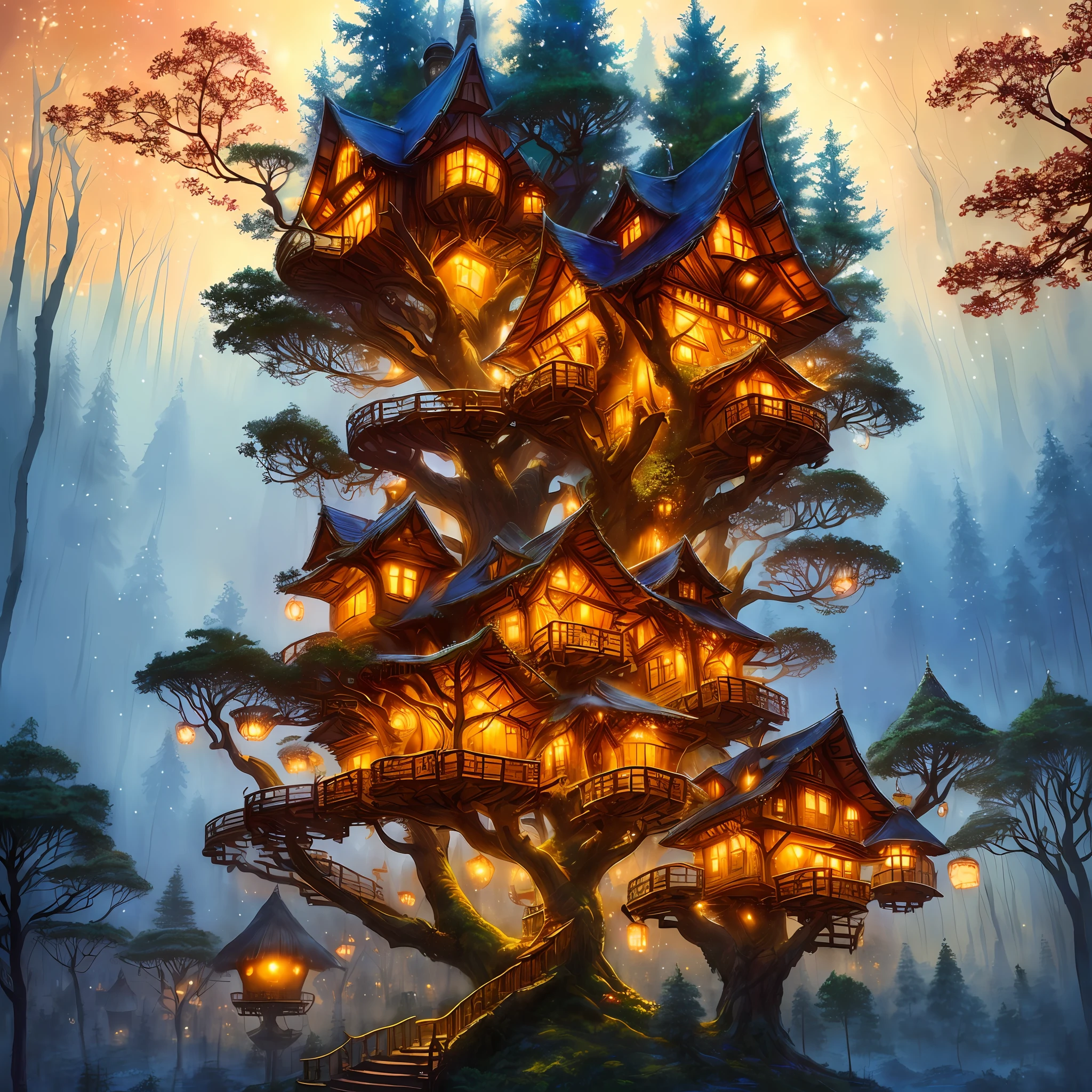 ultra detailed fairy tale tree house village at sunrise surrounded by trees and detailed casting lights, magical light particles, enchanting warm lights from windows, volumetric lights, soft tetrad colors, soft warm lights, high definition, 32k resolution, watercolor, watercolor splash, salt effect on watercolor, art by carne griffiths and Prafull Sawant