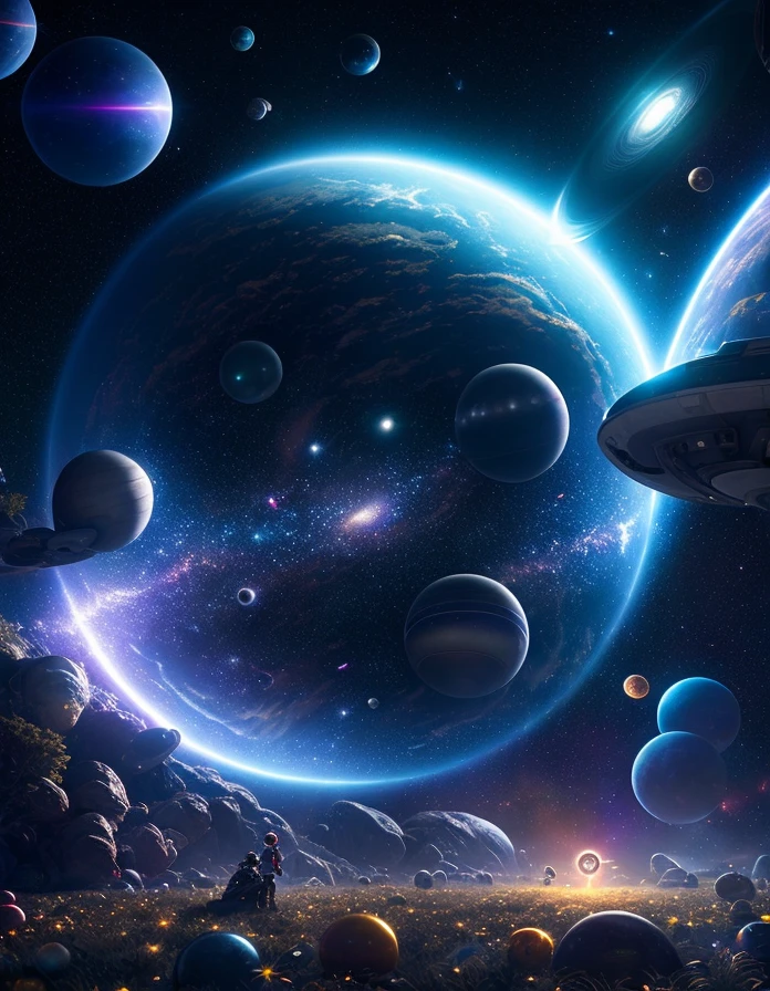 Galactic adventure in the middle of outer space, a man and girl sitting on the floor looks at the space at the galaxies. orbs and stars in space night sharp focus rich in detail by steven spielberg james cameron george lucas sharp focus 8K resolution bokeh HDR Cinema 4D deviantart Unreal Engine 5 volumetric lighting futuristic galactic space"