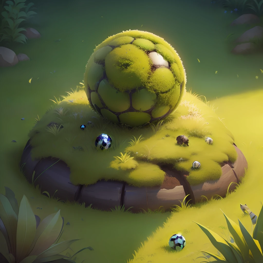 An anthill made of a soccer ball, moss and green grass around. Detail