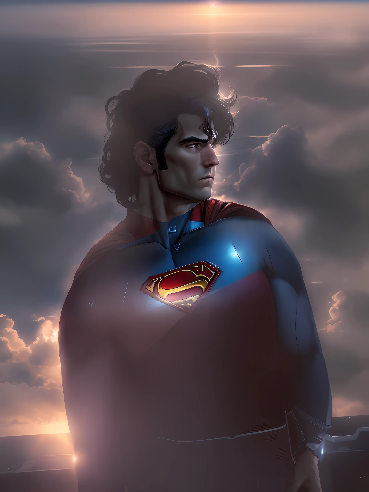 Powerful and emotive portrait of Superman hovering high above Metropolis, surveying the city below with a sense of awe and wonder.