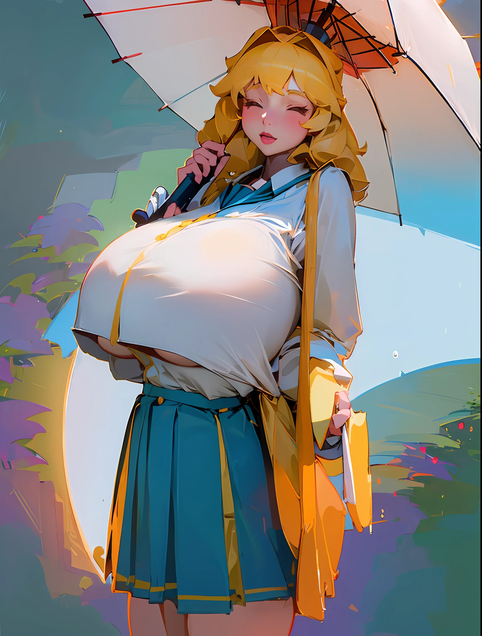 (extremely detailed CG unity 8k wallpaper, best quality, masterpiece),(best illumination, best shadow, an extremely delicate and beautiful), cute girl, (holding an umbrella, rainy day, puzzling look, school girl uniform), (dynamic angle, close-up shot), raindrops, wet streets, giant booty, big boobs