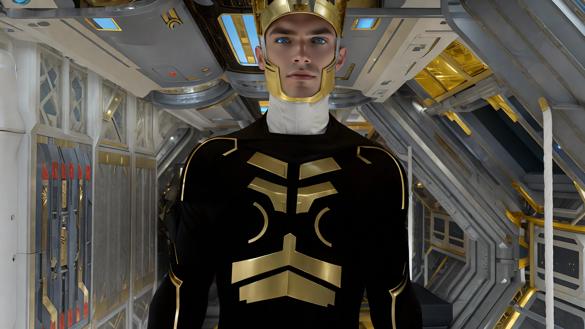 Man with gilded helmet, white skin, blue eyes, defined and athletic body, black sci-fi costume outfits with gold details, determined look forward, confident in a space station